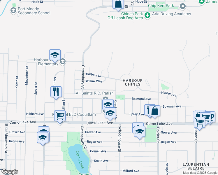 map of restaurants, bars, coffee shops, grocery stores, and more near 1415 Summit Drive in Coquitlam