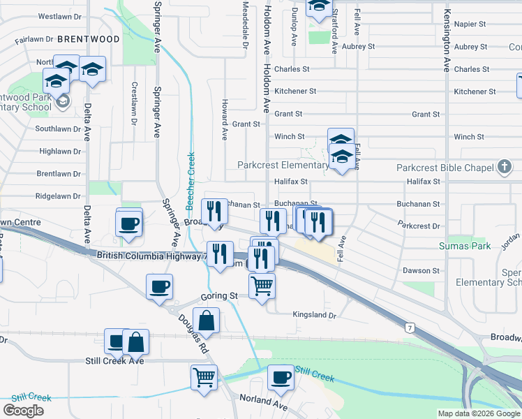 map of restaurants, bars, coffee shops, grocery stores, and more near 5688 Buchanan Street in Burnaby