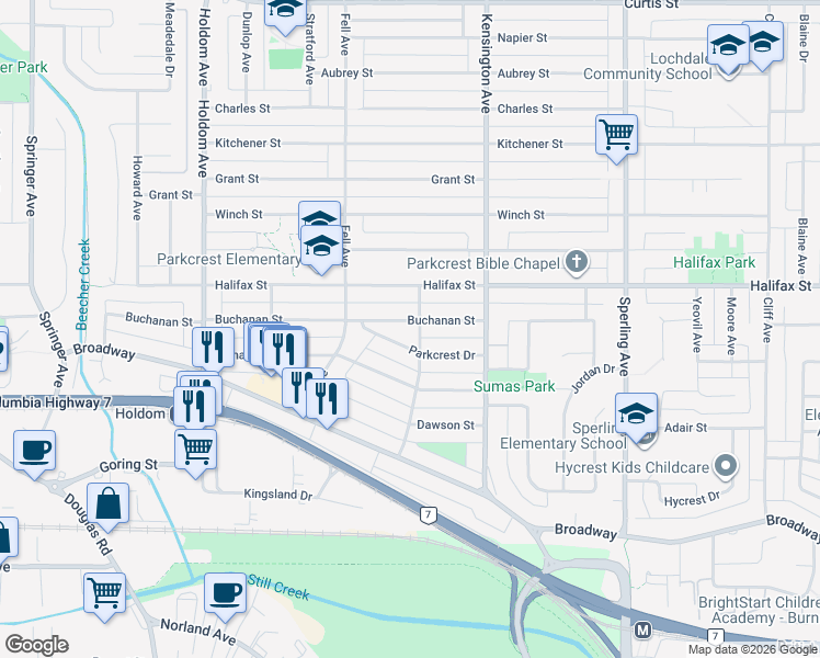 map of restaurants, bars, coffee shops, grocery stores, and more near 6280 Buchanan Street in Burnaby