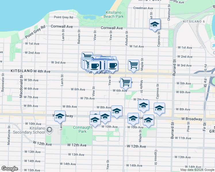 map of restaurants, bars, coffee shops, grocery stores, and more near 2119 Yew Street in Vancouver