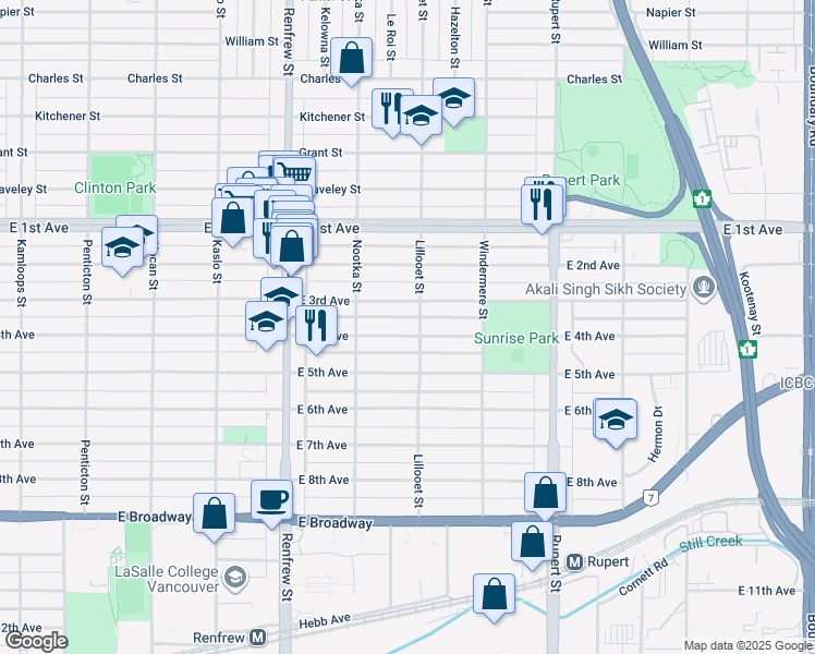 map of restaurants, bars, coffee shops, grocery stores, and more near 3083 East 4th Avenue in Vancouver