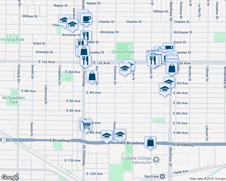 map of restaurants, bars, coffee shops, grocery stores, and more near 2597 East 4th Avenue in Vancouver