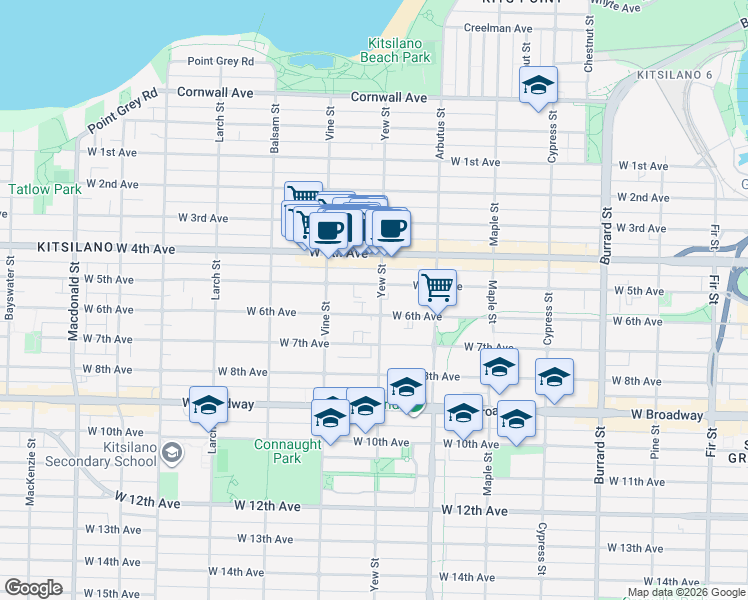 map of restaurants, bars, coffee shops, grocery stores, and more near 2119 Yew Street in Vancouver