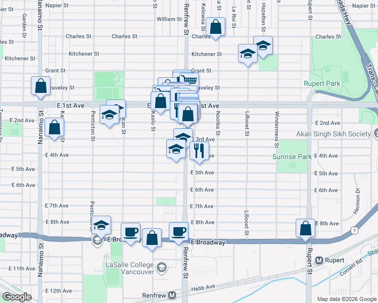 map of restaurants, bars, coffee shops, grocery stores, and more near 1988 Renfrew Street in Vancouver