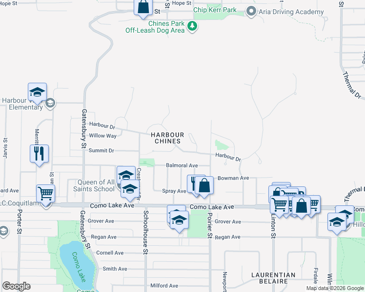map of restaurants, bars, coffee shops, grocery stores, and more near 1603 Harbour Drive in Coquitlam