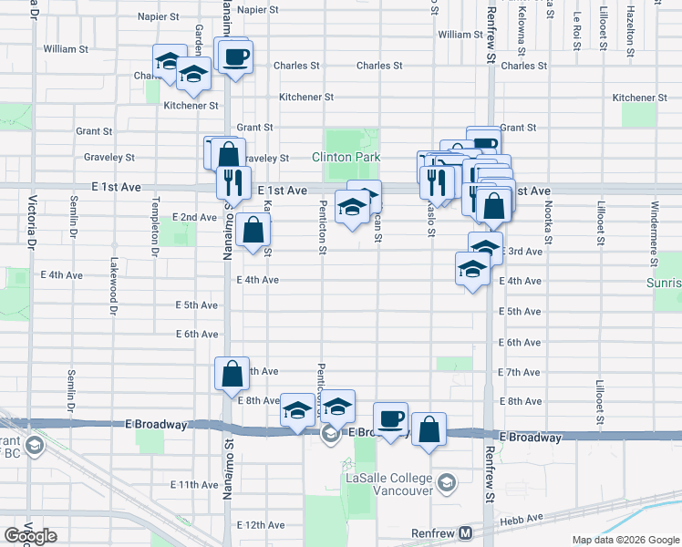 map of restaurants, bars, coffee shops, grocery stores, and more near 2633 East 4th Avenue in Vancouver