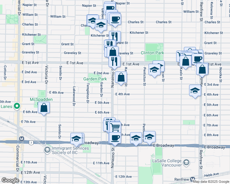 map of restaurants, bars, coffee shops, grocery stores, and more near 1988 Nanaimo Street in Vancouver