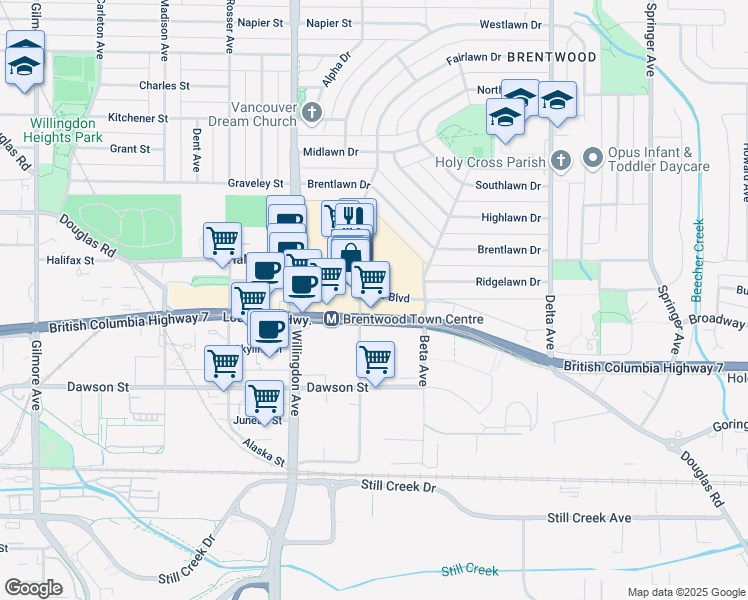 map of restaurants, bars, coffee shops, grocery stores, and more near 4567 Lougheed Highway in Burnaby