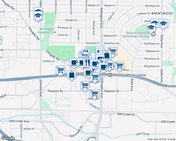 map of restaurants, bars, coffee shops, grocery stores, and more near 1908 Rosser Avenue in Burnaby