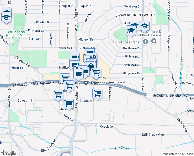 map of restaurants, bars, coffee shops, grocery stores, and more near 4567 Lougheed Highway in Burnaby