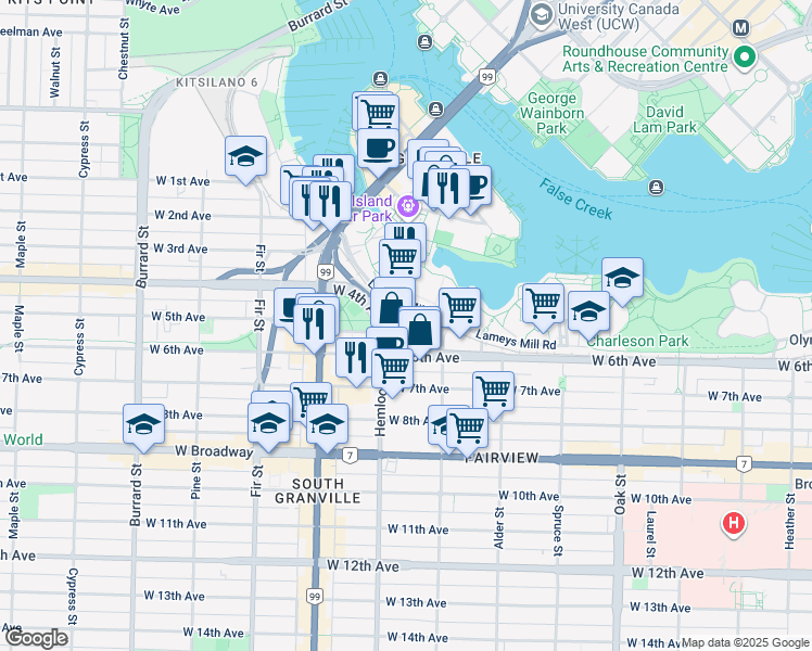 map of restaurants, bars, coffee shops, grocery stores, and more near in Vancouver