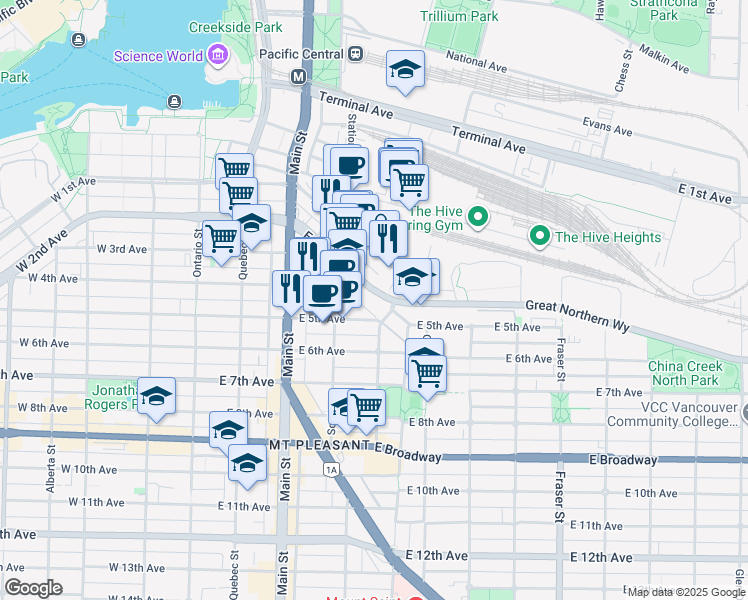 map of restaurants, bars, coffee shops, grocery stores, and more near 102 East 2nd Avenue in Vancouver
