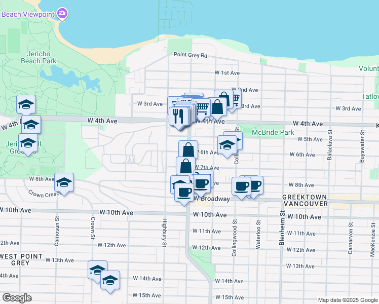 map of restaurants, bars, coffee shops, grocery stores, and more near 2185 Alma St in Vancouver