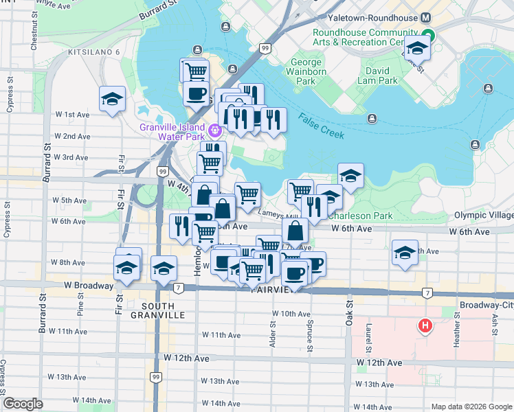 map of restaurants, bars, coffee shops, grocery stores, and more near 1201 Lameys Mill Road in Vancouver