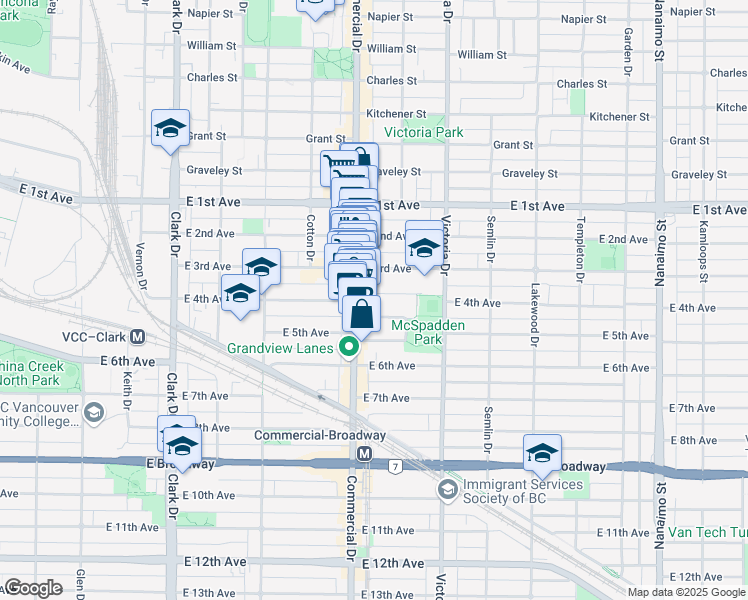 map of restaurants, bars, coffee shops, grocery stores, and more near 1734 East 4th Avenue in Vancouver