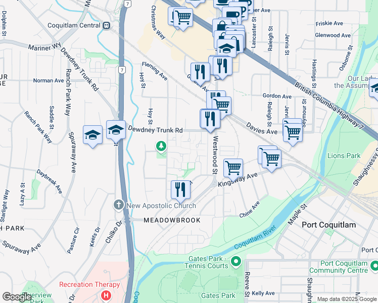 map of restaurants, bars, coffee shops, grocery stores, and more near 3027 Firbrook Place in Coquitlam