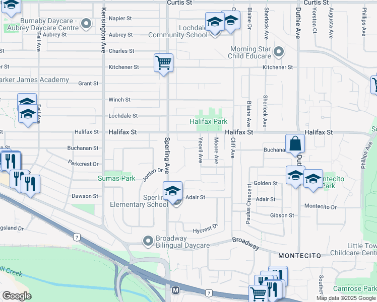 map of restaurants, bars, coffee shops, grocery stores, and more near 6780 Woodvale Crescent in Burnaby