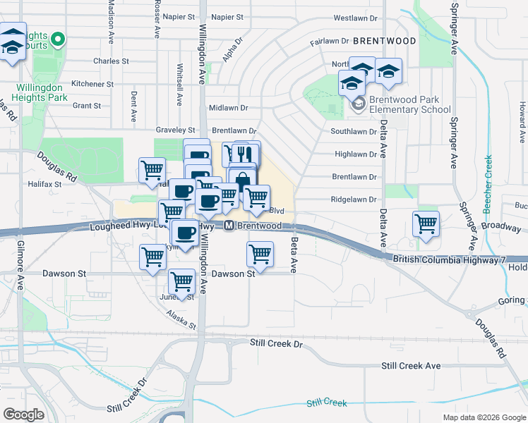 map of restaurants, bars, coffee shops, grocery stores, and more near 4650 Brentwood Boulevard in Burnaby