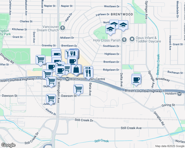 map of restaurants, bars, coffee shops, grocery stores, and more near 4560 Brentwood Drive in Burnaby