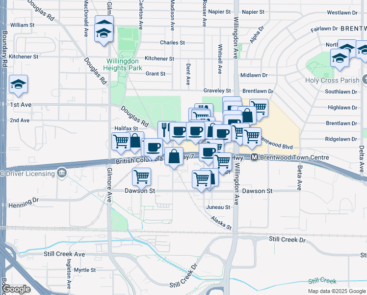 map of restaurants, bars, coffee shops, grocery stores, and more near 1899 Rosser Avenue in Burnaby