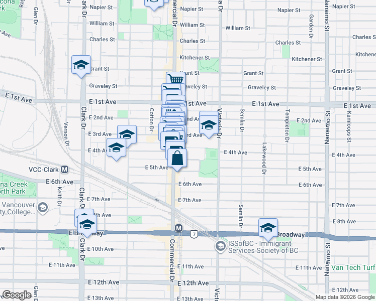 map of restaurants, bars, coffee shops, grocery stores, and more near 1752 East 4th Avenue in Vancouver