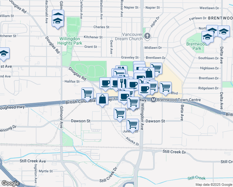 map of restaurants, bars, coffee shops, grocery stores, and more near 1907 Rosser Avenue in Burnaby