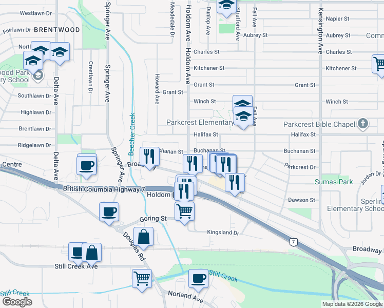 map of restaurants, bars, coffee shops, grocery stores, and more near 1910 Holdom Avenue in Burnaby