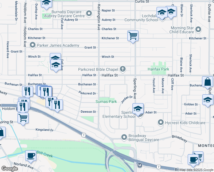 map of restaurants, bars, coffee shops, grocery stores, and more near 6565 Sumas Drive in Burnaby