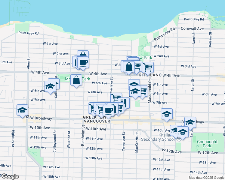 map of restaurants, bars, coffee shops, grocery stores, and more near 3099 West 6th Avenue in Vancouver