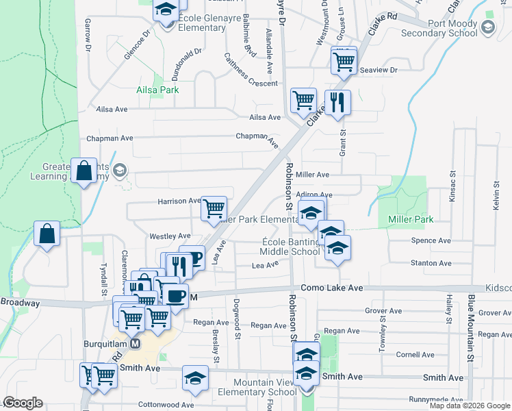 map of restaurants, bars, coffee shops, grocery stores, and more near 721 Anskar Court in Port Moody