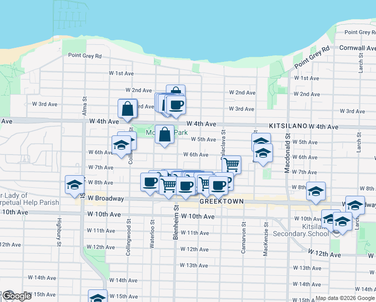 map of restaurants, bars, coffee shops, grocery stores, and more near 3247 West 6th Avenue in Vancouver