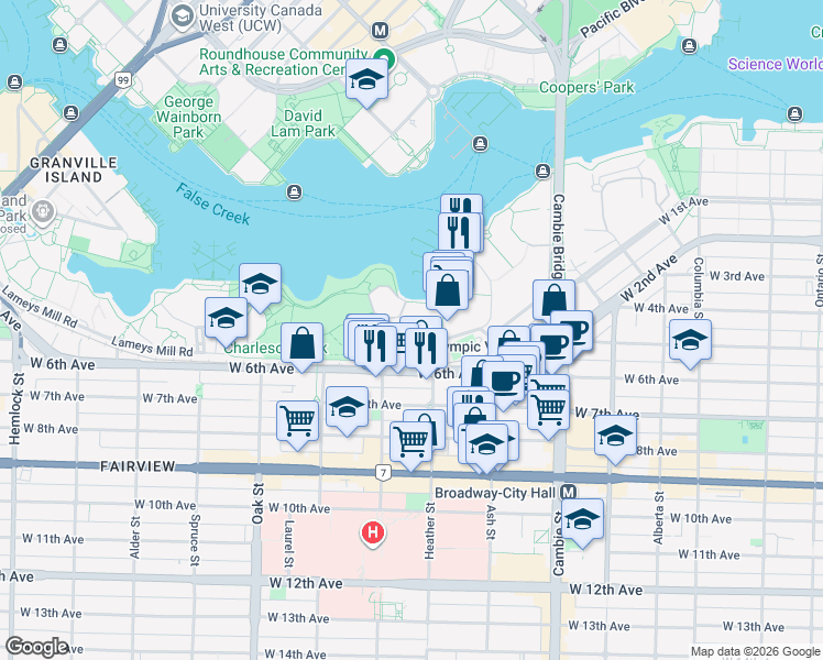 map of restaurants, bars, coffee shops, grocery stores, and more near 728 Millyard in Vancouver