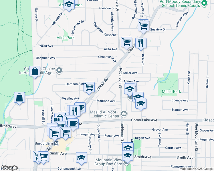 map of restaurants, bars, coffee shops, grocery stores, and more near 721 Anskar Court in Port Moody