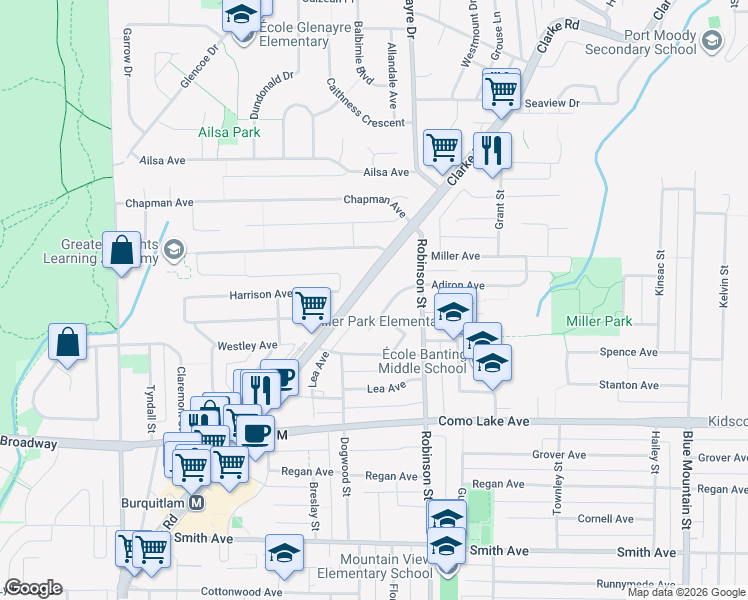map of restaurants, bars, coffee shops, grocery stores, and more near 735 Anskar Court in Port Moody