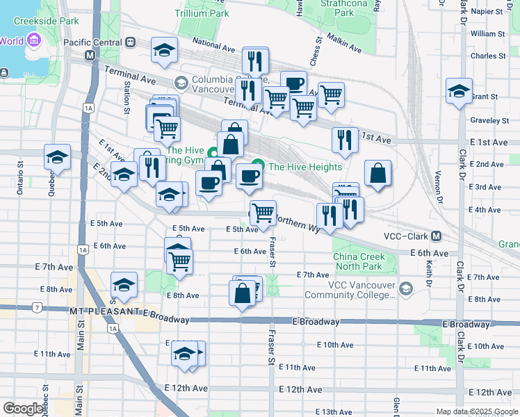 map of restaurants, bars, coffee shops, grocery stores, and more near 685 Great Northern Way in Vancouver
