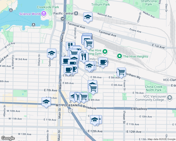 map of restaurants, bars, coffee shops, grocery stores, and more near 417 Great Northern Way in Vancouver