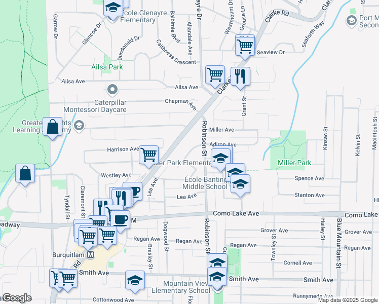 map of restaurants, bars, coffee shops, grocery stores, and more near 741 Anskar Court in Coquitlam