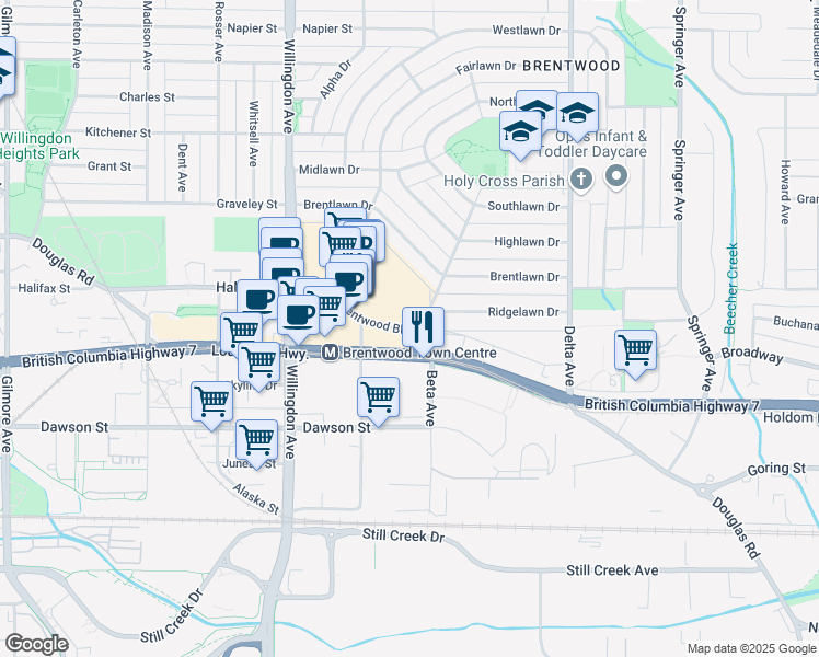 map of restaurants, bars, coffee shops, grocery stores, and more near 4567 Lougheed Highway in Burnaby