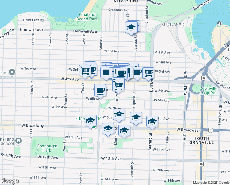 map of restaurants, bars, coffee shops, grocery stores, and more near 1962 West 4th Avenue in Vancouver
