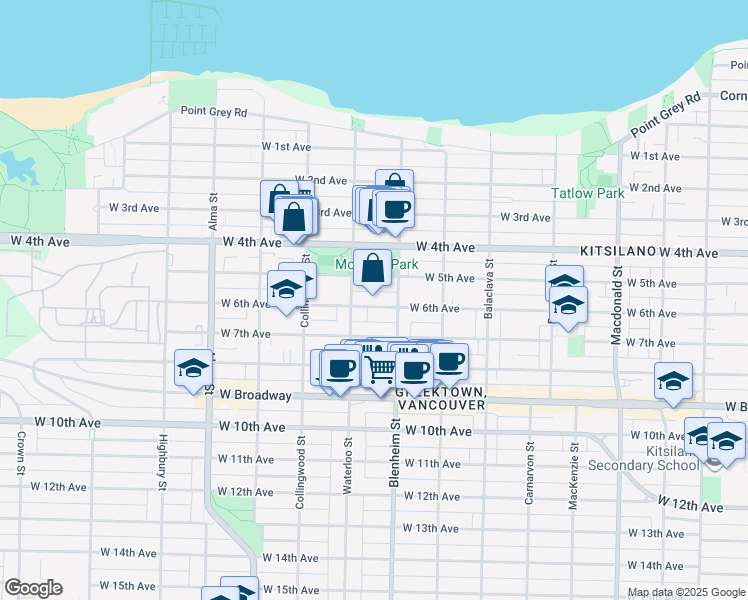 map of restaurants, bars, coffee shops, grocery stores, and more near 3339 West 6th Avenue in Vancouver