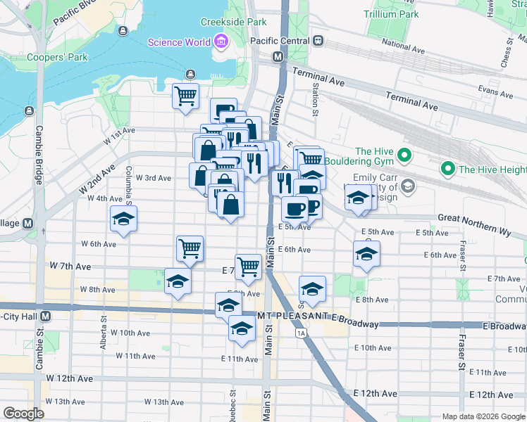 map of restaurants, bars, coffee shops, grocery stores, and more near in Vancouver