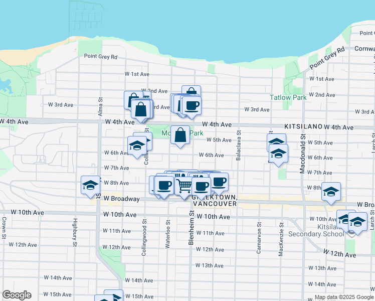map of restaurants, bars, coffee shops, grocery stores, and more near 3315 West 6th Avenue in Vancouver