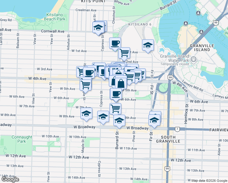 map of restaurants, bars, coffee shops, grocery stores, and more near 1787 West 4th Avenue in Vancouver