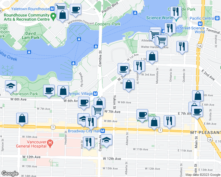 map of restaurants, bars, coffee shops, grocery stores, and more near 430 West 2nd Avenue in Vancouver