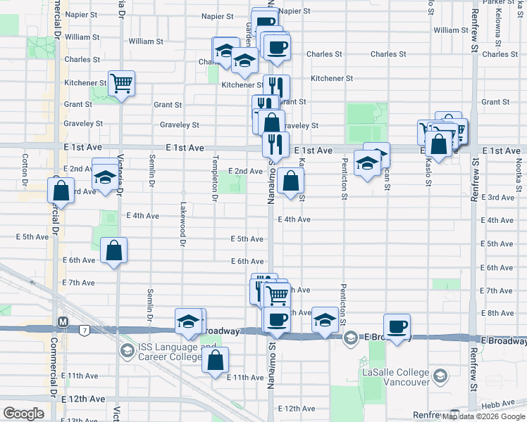 map of restaurants, bars, coffee shops, grocery stores, and more near 2375 East 4th Avenue in Vancouver