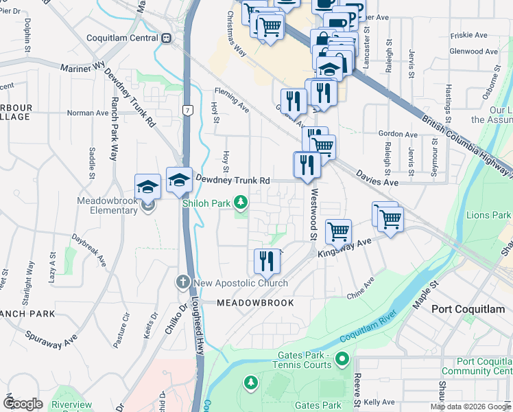 map of restaurants, bars, coffee shops, grocery stores, and more near 3005 Firbrook Place in Coquitlam