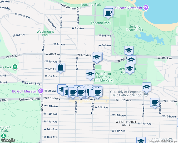 map of restaurants, bars, coffee shops, grocery stores, and more near 4422 West 6th Avenue in Vancouver