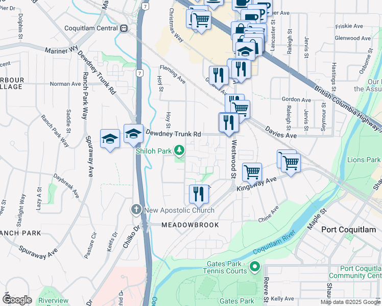 map of restaurants, bars, coffee shops, grocery stores, and more near 3005 Firbrook Place in Coquitlam