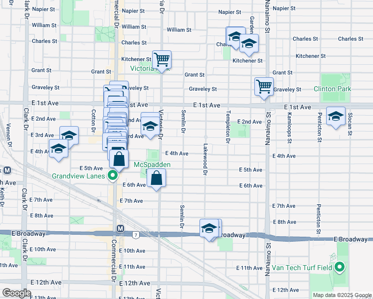 map of restaurants, bars, coffee shops, grocery stores, and more near 2011 East 4th Avenue in Vancouver