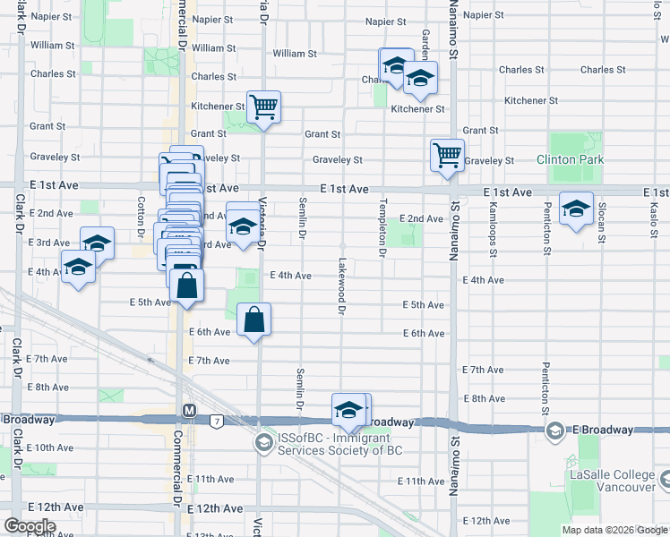 map of restaurants, bars, coffee shops, grocery stores, and more near 2071 East 4th Avenue in Vancouver